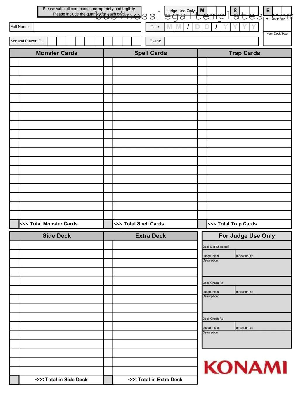Printable Konami Decklist Form
